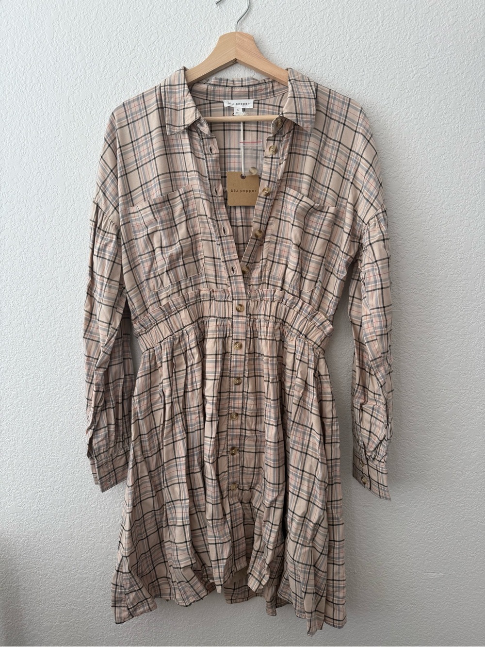 Blu Pepper Beige Plaid Button-Front Long Sleeve Dress